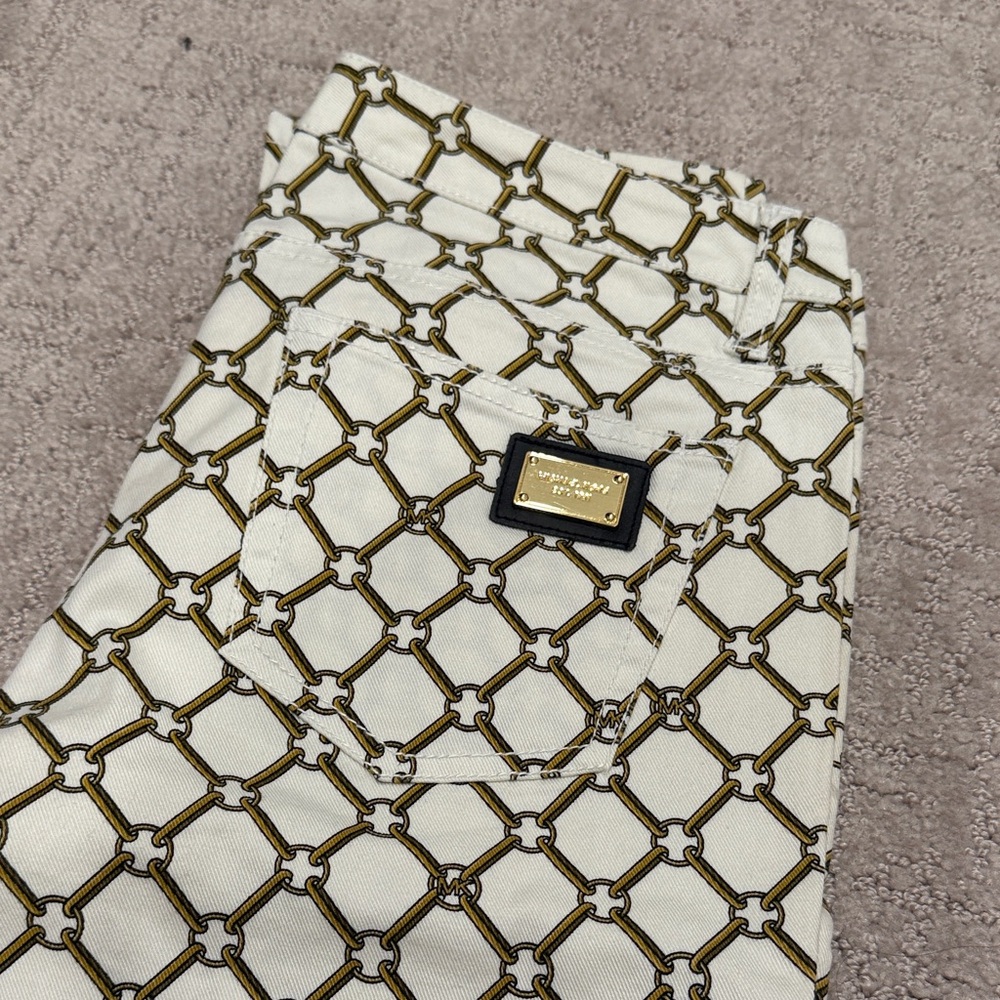 Michael Kors Cream Pants with Gold and Black Chain Print